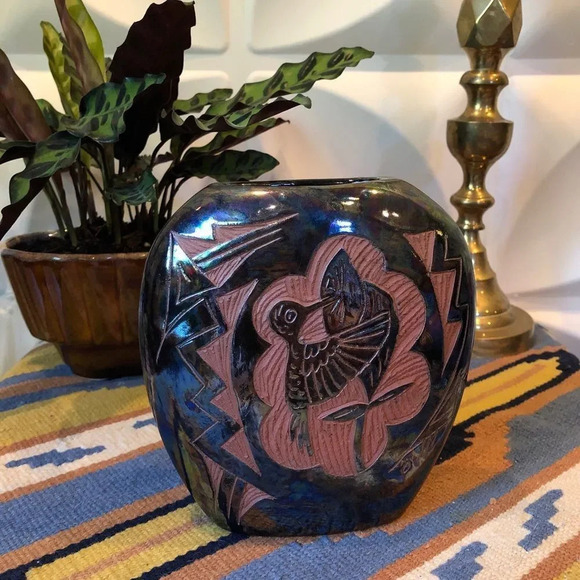 Handmade Mexican Folk Art Hummingbird Motif Iridescent Glaze Pottery Vase - Picture 1 of 9